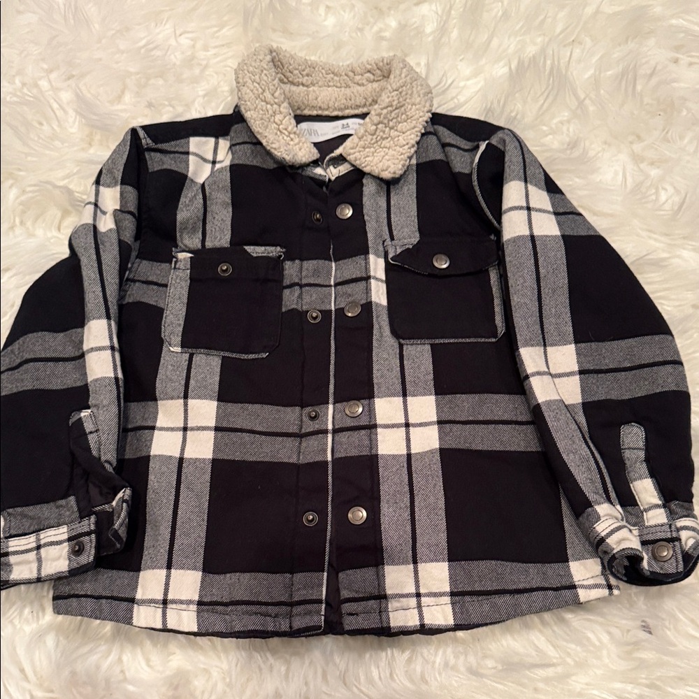 Zara Kids Black and White Plaid Jean Jacket